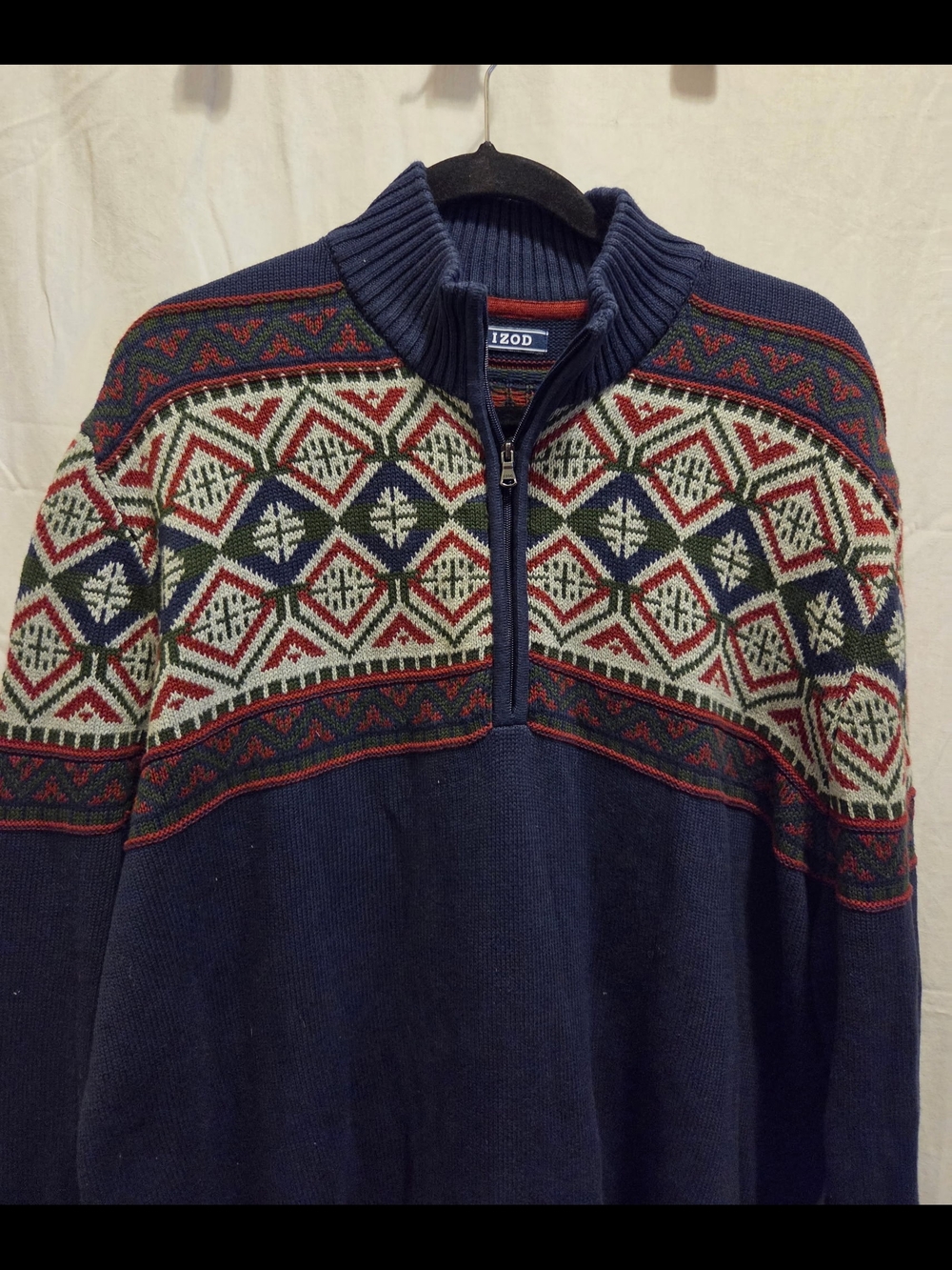 Izod Navy Half-Zip Sweater with Red, White and Green Fair Isle Panel